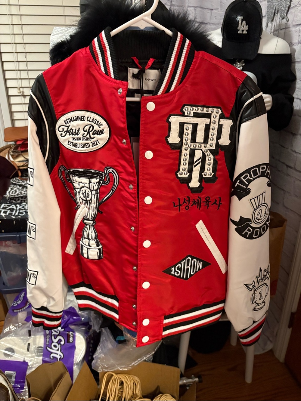 Red and Black Varsity Jacket with White Stripe Trim